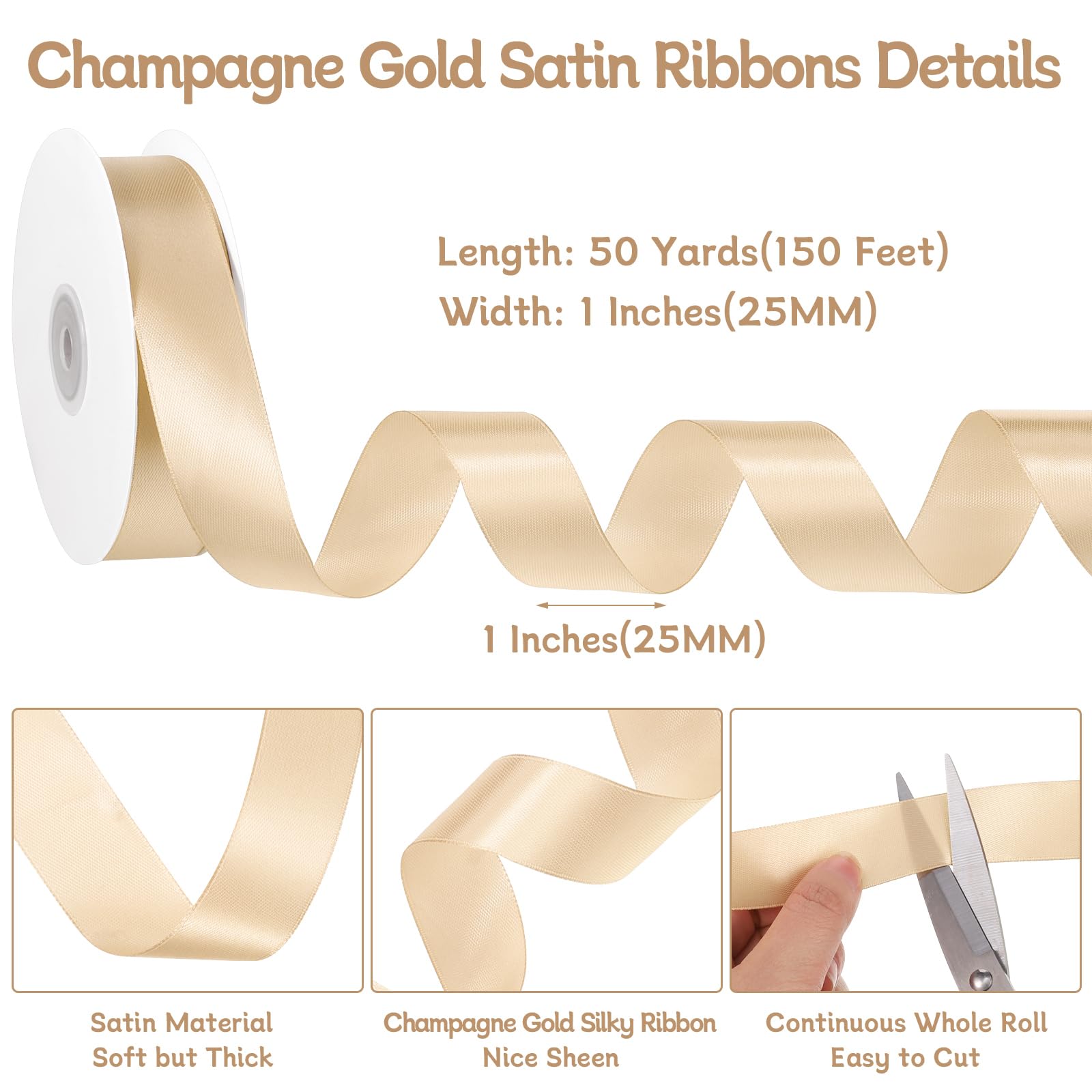 Snapklik.com : Champagne Ribbon 1 Inch 50 Yards Gold Satin Ribbon For ...