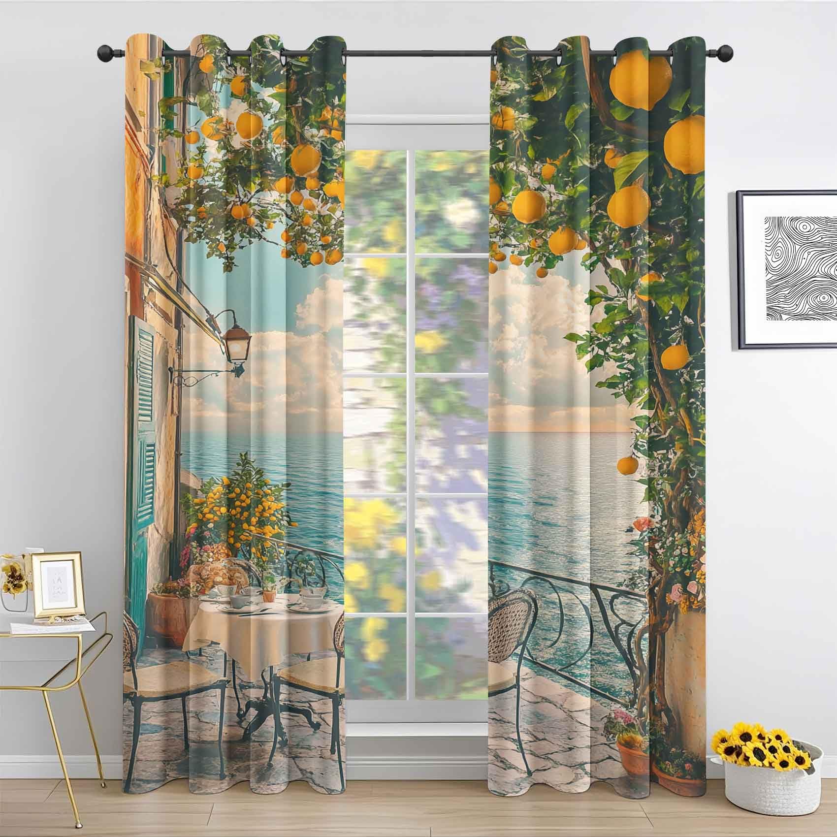 Italienische Landschaft Vorhang, Balkon Zitrone Meerblick Blickdicht Gardinen für Wohnzimmer Schlafzimmer, Küste Mediterrane Vorhänge mit Ösen Verdunklungsvorhänge - Deko Vorhänge 2er Set 170x200 cm