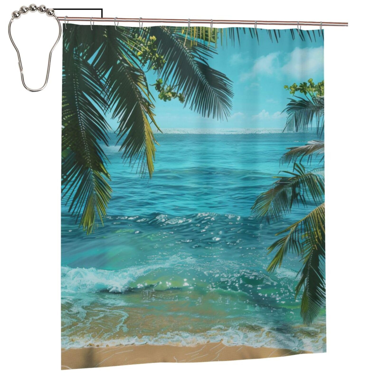 BWWHCCTI Sea Beach Palm Leaves Printed Shower Curtain With 12 Iron Hooks Opaque Quick Drying Waterproof Shower Curtains Sets For Bathroom 152x183 Cm