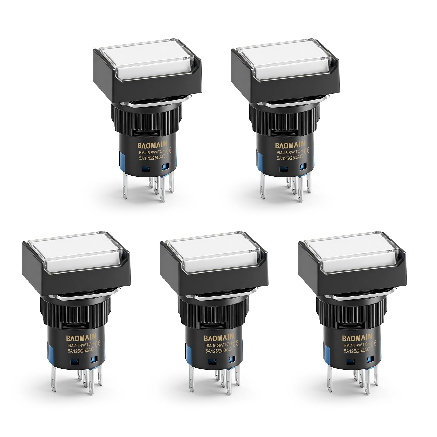 Baomain 5-Pack 16mm (5/8") 12V DC Momentary Push Button Switch with LED,White Rectangular Cap,5-Pin SPDT 1NO+1NC,5A 250V AC