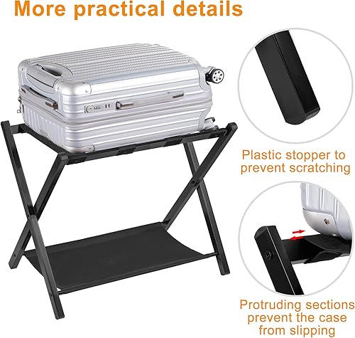 Miniatura 6 de Heybly Portaequipajes, paquete de 2, soporte plegable de acero para maleta con estante de almacenamiento para habitación de invitados, dormitorio,