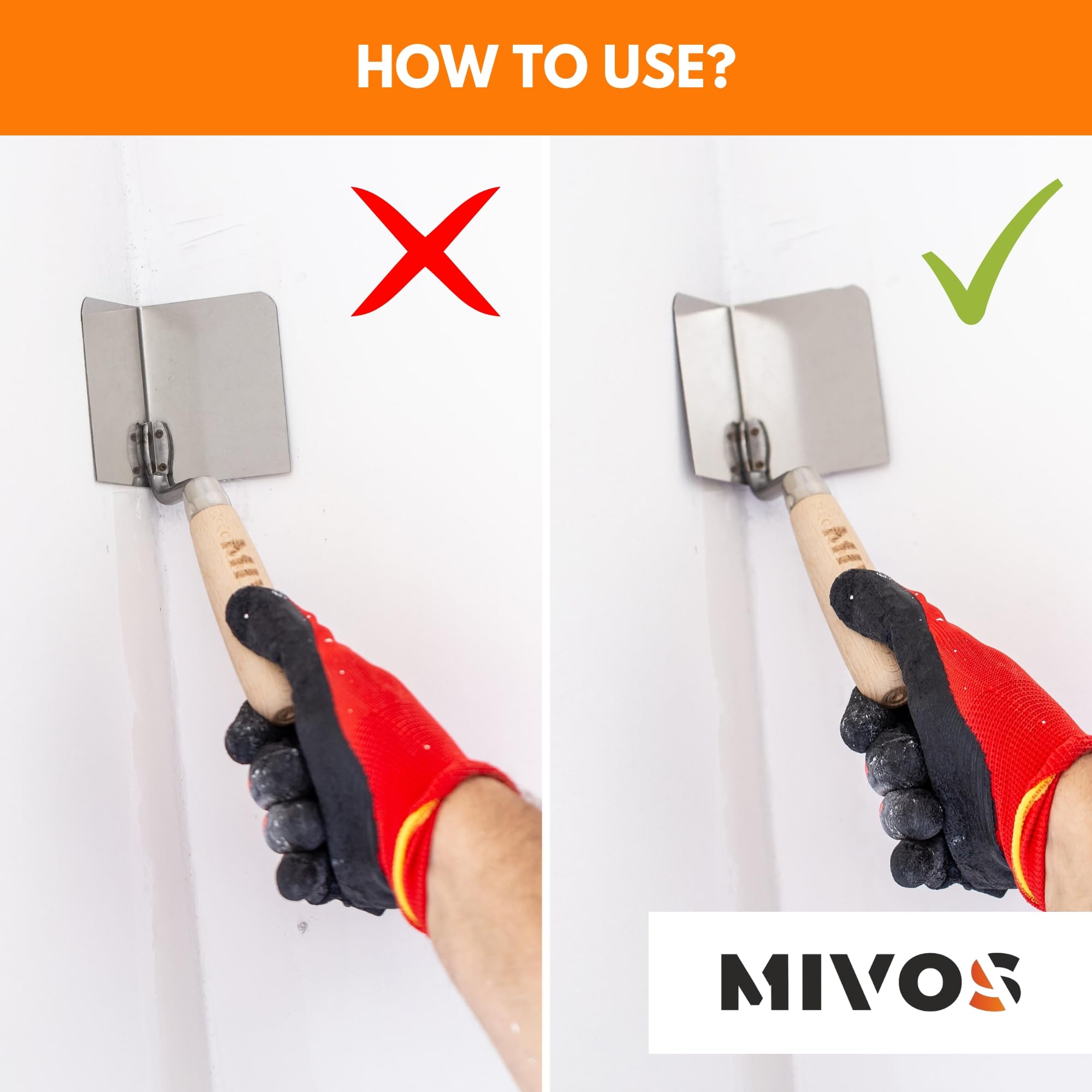 Mivos 2 x kielnia narożny ze stali nierdzewnej 80 x 60 mm – kielnia wewnętrzna i zewnętrzna – do wewnątrz i na zewnątrz z drewnianym uchwytem – szpachelka Made in