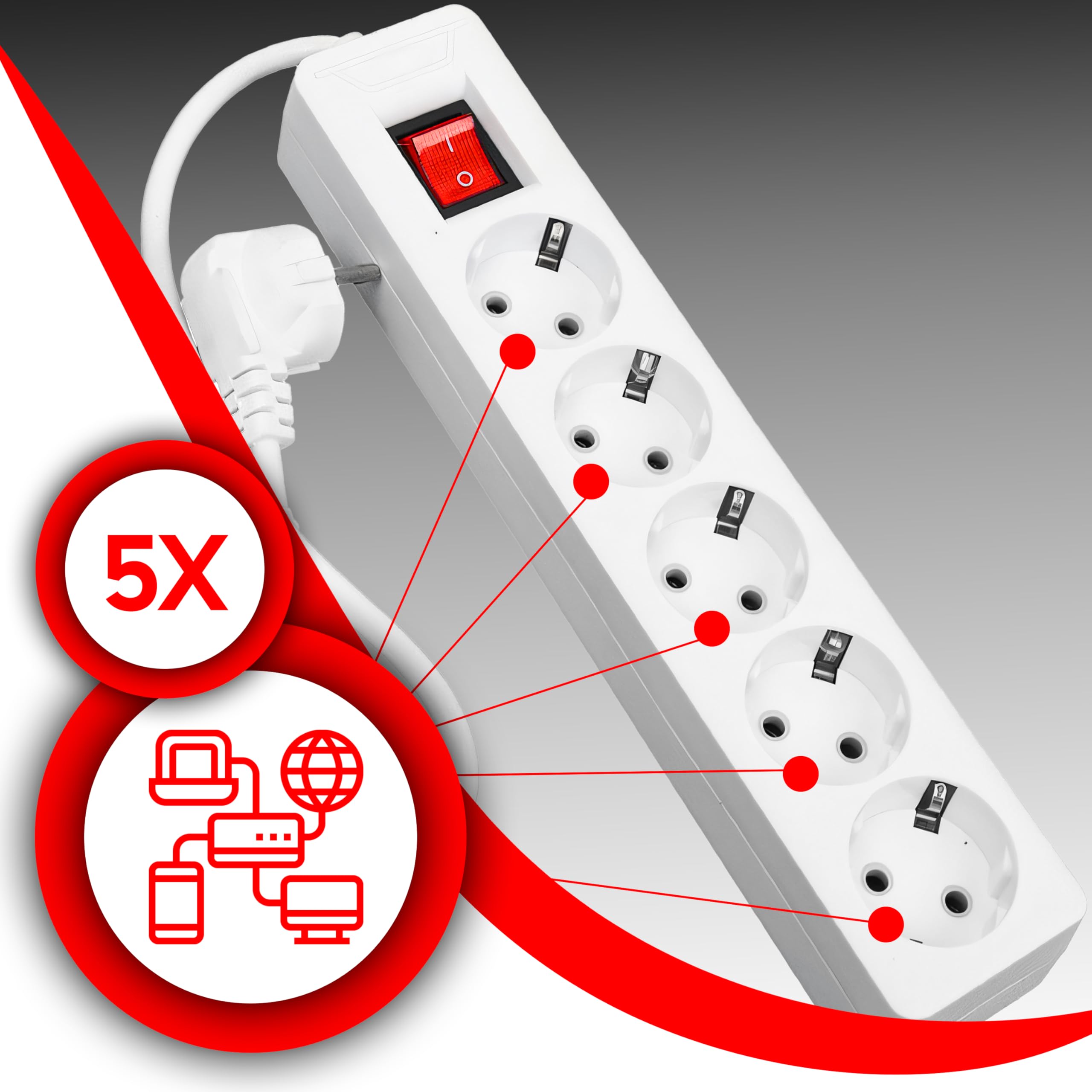 Aigostar Stekkerdoos 5-Voudig met Schakelaar Overspanningsbeveiliging Kinderbeveiliging, 3g1,5m㎡ 3m Kabel Wit (5-voudig, 3m