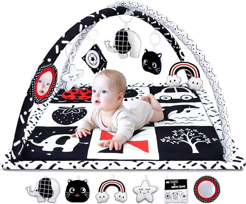 Black and White Baby Gym Play Mat with 6 Toys Tummy Time Activity Mat for Babies 0-6 6-12 Months High Contrast Baby Gyms &amp; Playmats Sensory Toys Newborn Brain Development Infant Play Mat