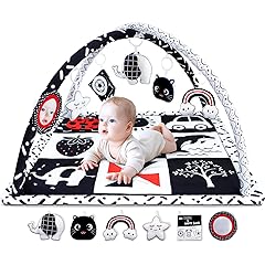 Black and White Baby Gym Play Mat with 6 Toys Tummy Time Activity Mat for Babies 0-6 6-12 Months High Contrast Baby Gyms & Playmats Sensory Toys Newborn Brain Development Infant Play Mat