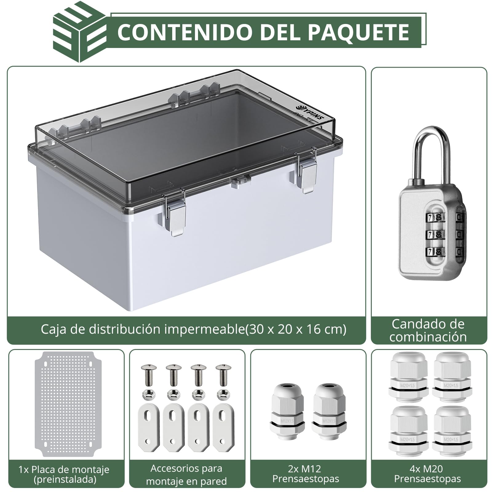 EYPINS Caja Estanca Exterior Electrica Impermeable IP67 30 * 20 * 17cm | Cuadro Eléctrico Superficie con Carcasa ABS,Cajas de Empalmes Transparente,Candado de combinación,para Exterior Garaje Sótano