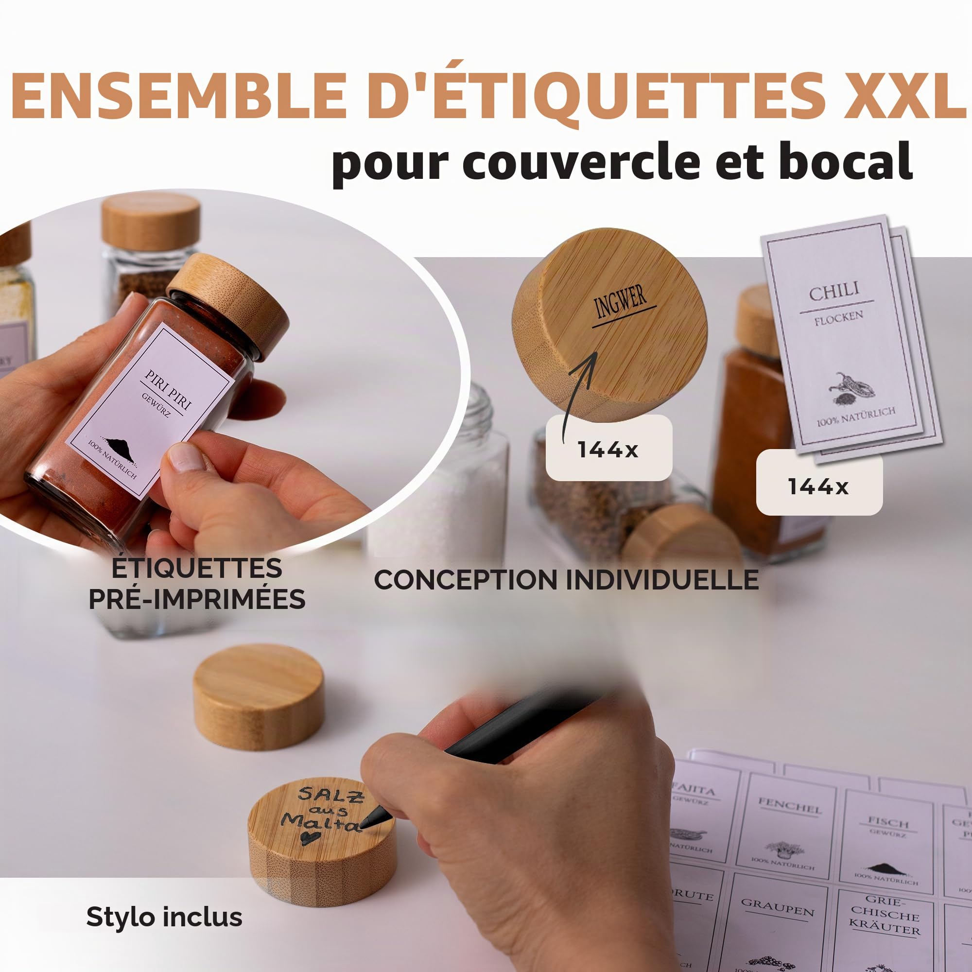 comforder Lot de 24 pots à épices carrés avec couvercles - 2 embouts de broyage et entonnoirs - 120 ml (bambou)