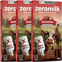 Kit com 3 tabletes de chocolate vegano 40% cacau sabor morango de 70g cada - Zeromilk