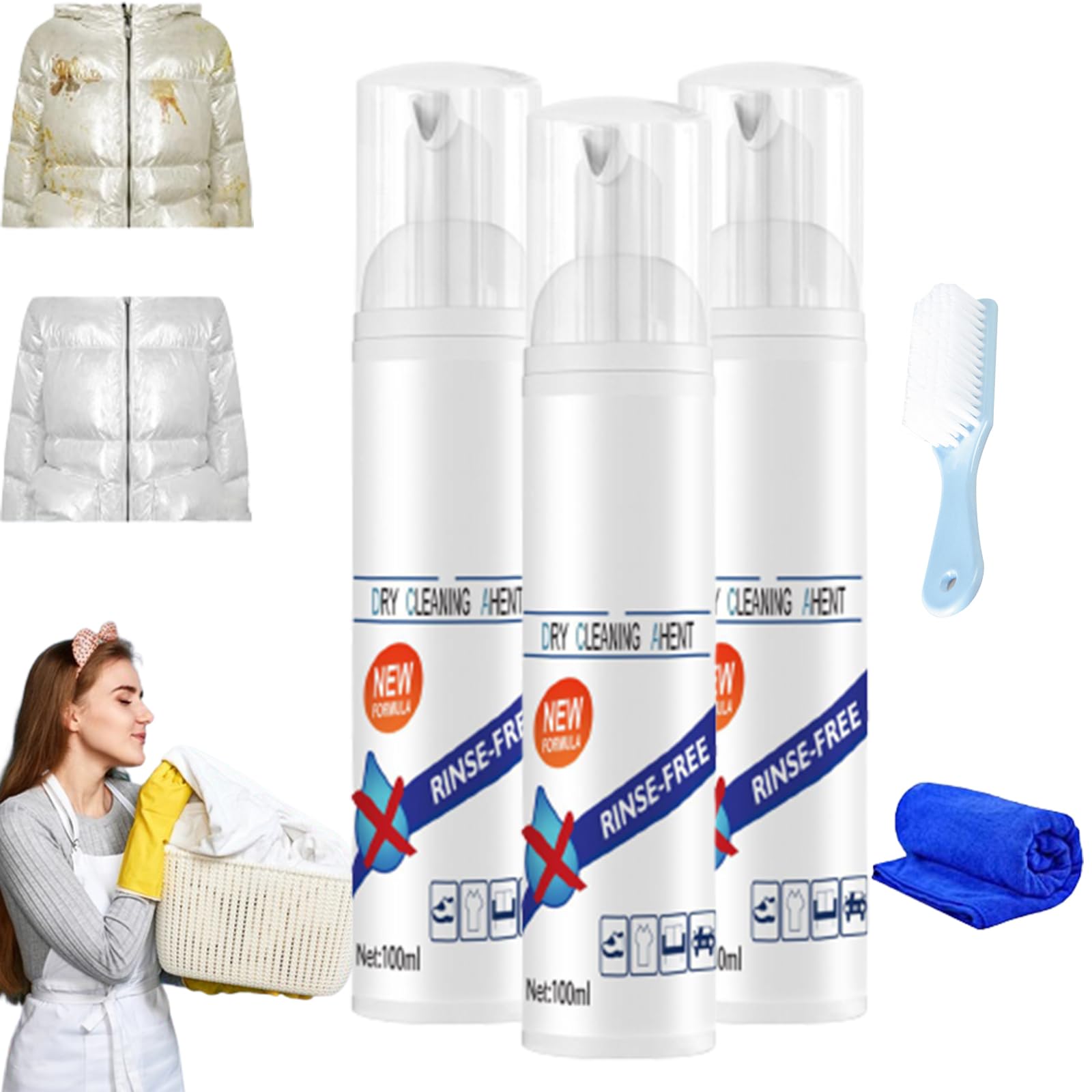 QosneounMulti-functional Fabric Dry Cleaning Foam Sprayer, Dry Foam Cleaner for Clothes, All-Purpose Cleaner Rinse-Free for Clothes, Leave-In Laundry Foam Cleaners for Clothes, Fabric (3pcs)