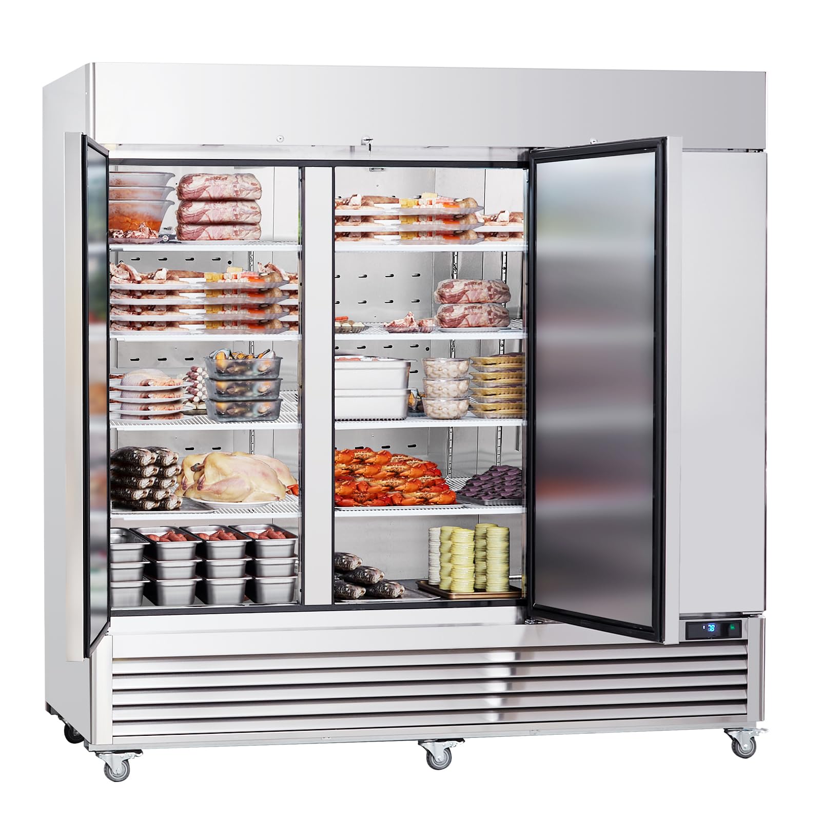 Happybuy 60.42 Cu.ft Commercial Freezer - 82.5" Wide 3-Door Upright Reach-In Freezer with Auto-Defrost, 12 Adjustable Shelves, -13 to 5℉ Temperature Control, LED Lighting and 4 Wheels | Fridge.com