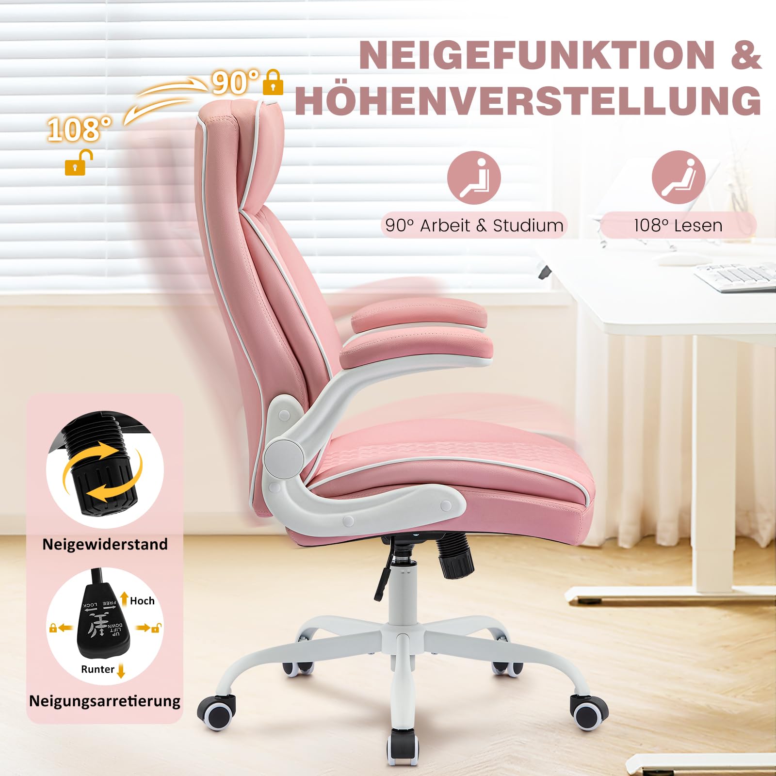 Hellove Chefsessel Bürostuhl 185kg Ergonomischer Kunstleder Schreibtischstuhl mit Verstellbarer Rückenlehne und Klappbaren Armlehnen, Drehstuhl mit Kopfstütze Computerstuhl Home Office Stuhl, Rosa
