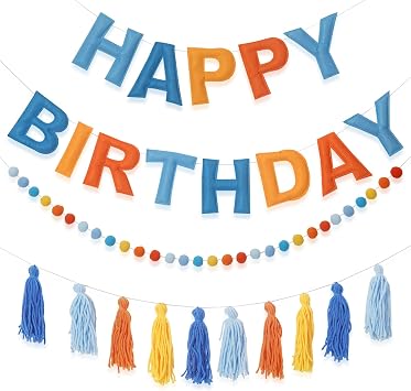 Pre-Strung Happy Birthday Banner Blue and Orange Party Decorations Felt Ball Garland Sign for Blue Dog Birthday Party Decor
