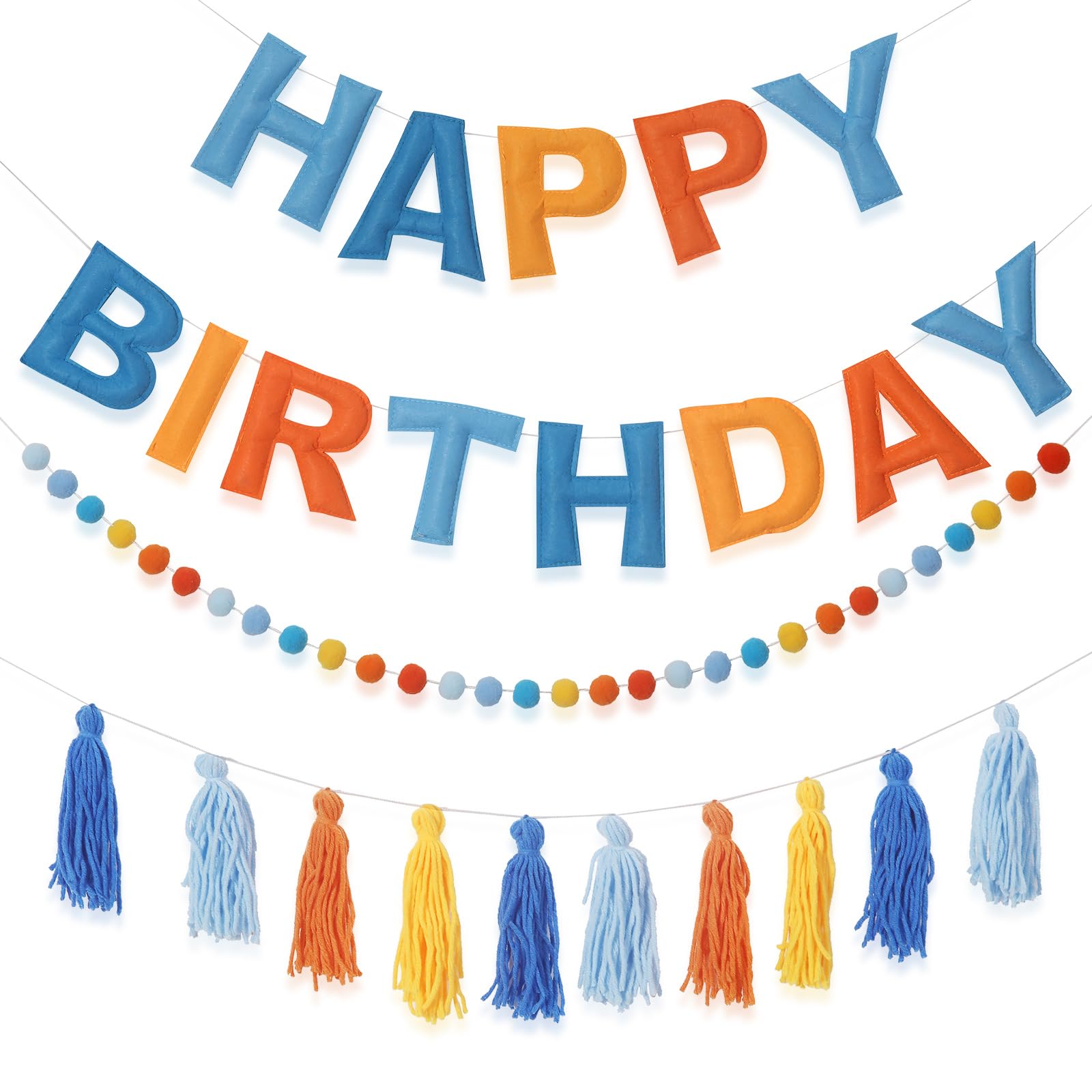 Blue Dog Happy Birthday Banner Pre-Strung Felt Ball Pom Pom Garland Felt Birthday Banner for Birthday Party Decorations Baby Shower Photo Backdrop