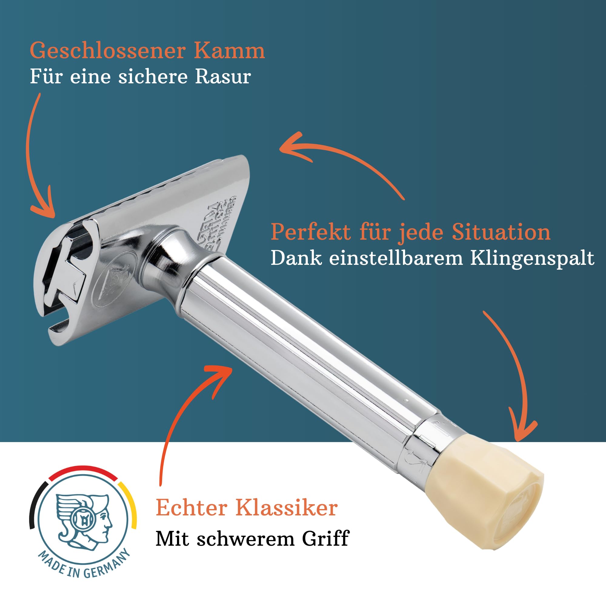 MERKUR Einstellbarer Rasierhobel 500C | Klassiker Glanzchrom | Zweiteiliger Rasierer mit geradem Schnitt | Ideal für Nassrasur | Zinkdruckguss | Messing Griffstück | Made in Germany
