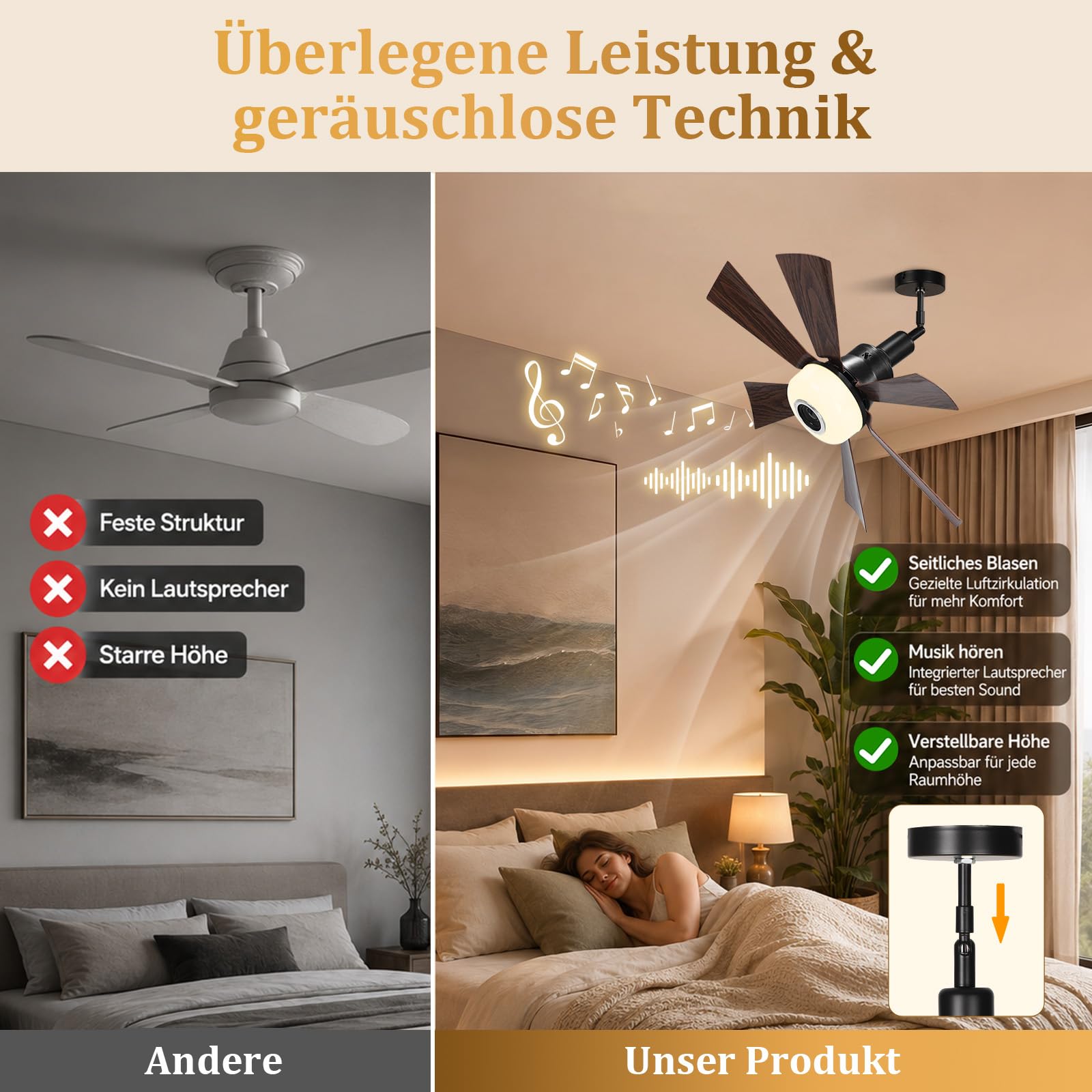 Deckenventilator mit Beleuchtung und Bluetooth Lautsprecher, Ø52cm E27 Klein Sockel Ventilator Lampe mit Fernbedienung RGB Dimmbar Höhen Verstellbar Schwenkbar für Schlafzimmer Kinderzimmer Küche