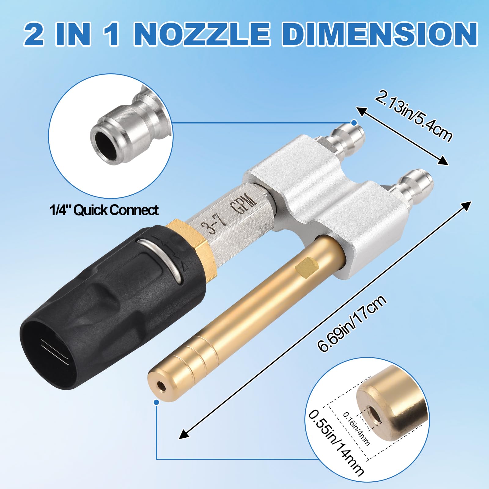 Ugello morbido regolabile a valle di terza generazione - Ugello girevole M5 (gamma 0-60 °), connessione rapida 1/4", 3-7 GPM, per ugello idropulitrice a jrod e ugello spray a getto