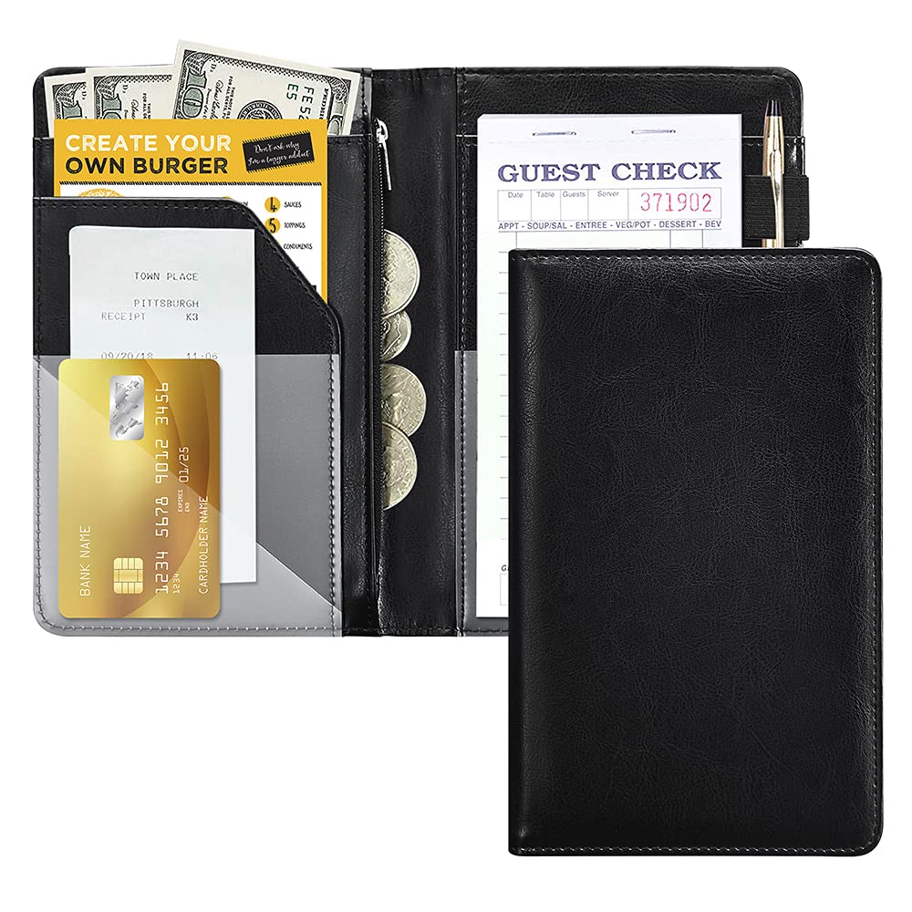 Black Server Books for Waitress/Waiter Book with Zipper Money Pocket,Cute Waitress Books Organizer Accessories Fit Server Aprons Note Pads (Black)