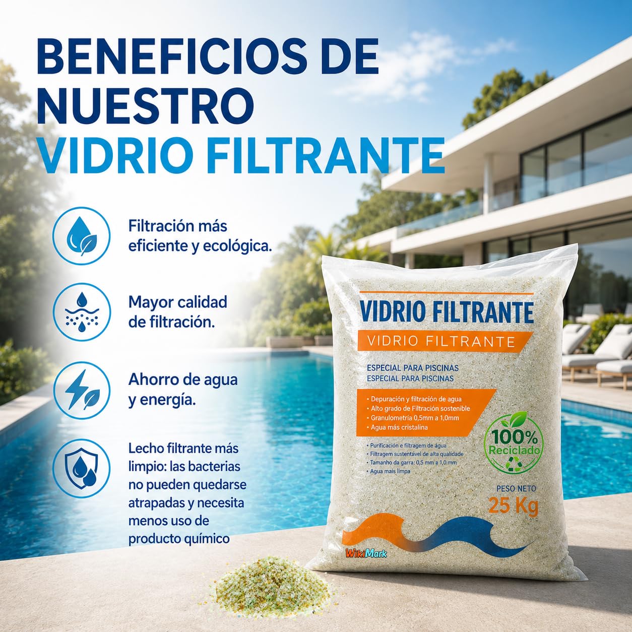 Sable de verre filtrant pour piscines 25 kg moyen filtrant en verre recyclé 100 % | Remplace le sable de silice | Meilleure filtration, économie d'eau et d'énergie | Eau plus cristalline