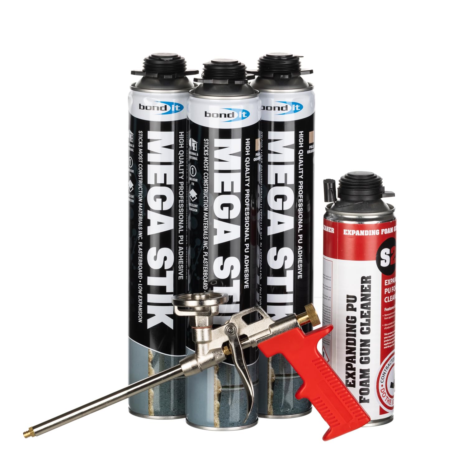 Bond-It Mega Stik PU Adhesive Foam 750ml | No Mess Construction Foam, Plasterboard Adhesive | Box of 3 + Gun & Gun Cleaner
