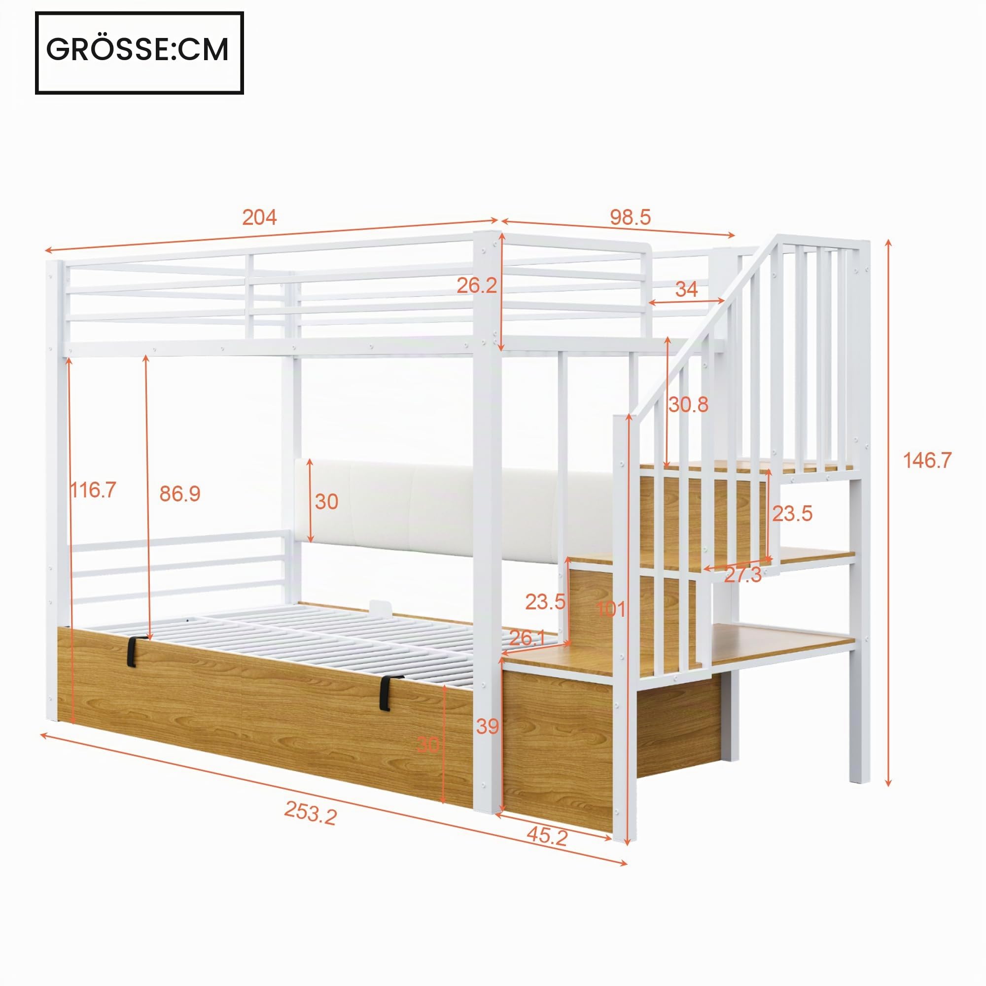 Kinderbett Etagenbett 90x200, Hochbett mit Hydraulisch Stauraum und Treppe, Hausbett mit Rückenlehne aus PU, Metall Bett Bettgestell mit Lattenrost und Rausfallschutz, Ohne Matratze (Weiß)