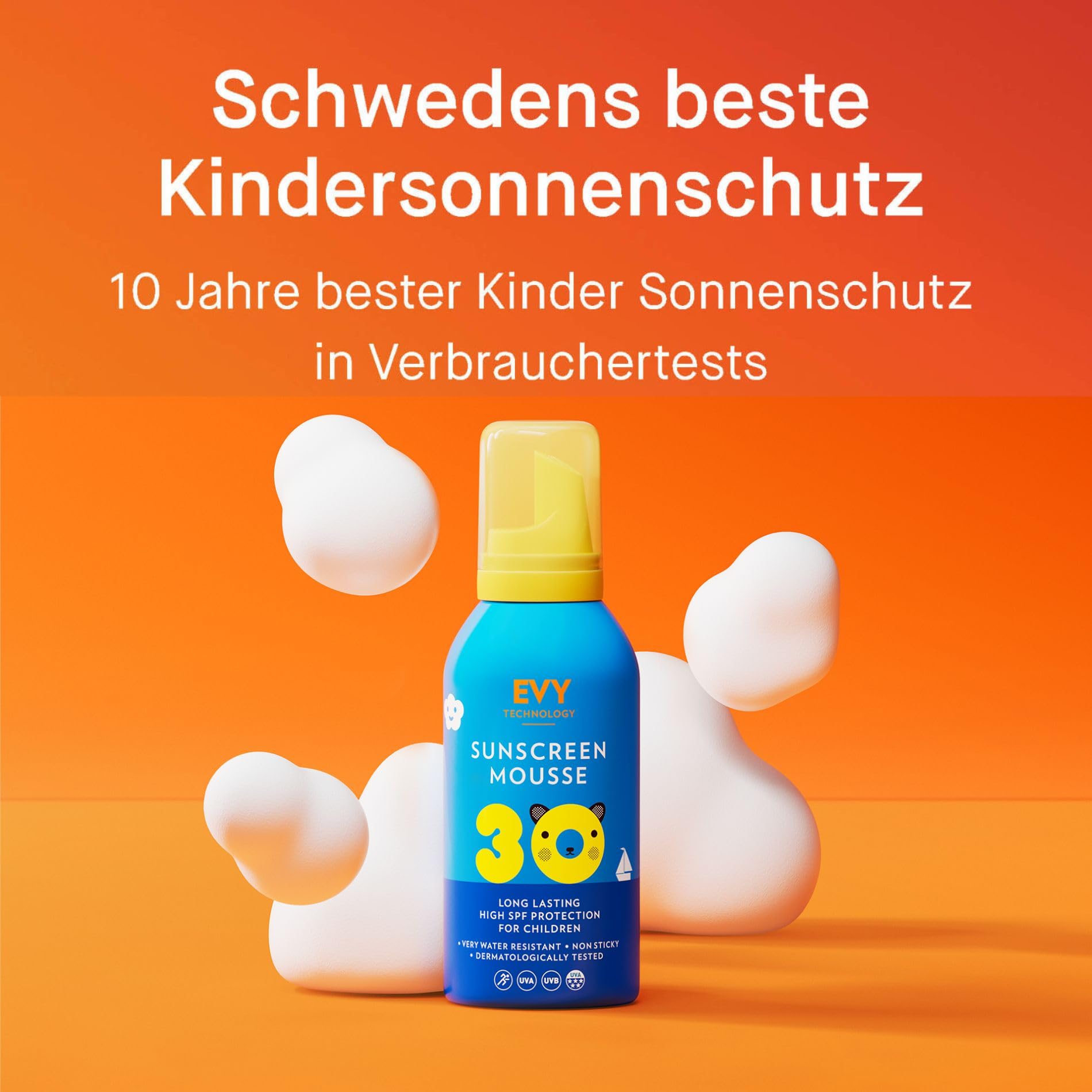EVY Babies und Kids Sonnencreme Mousse LSF 30 - parfümfrei - schweiß- und wasserfester Sonnenschutz für Kinder ab 6 Monaten