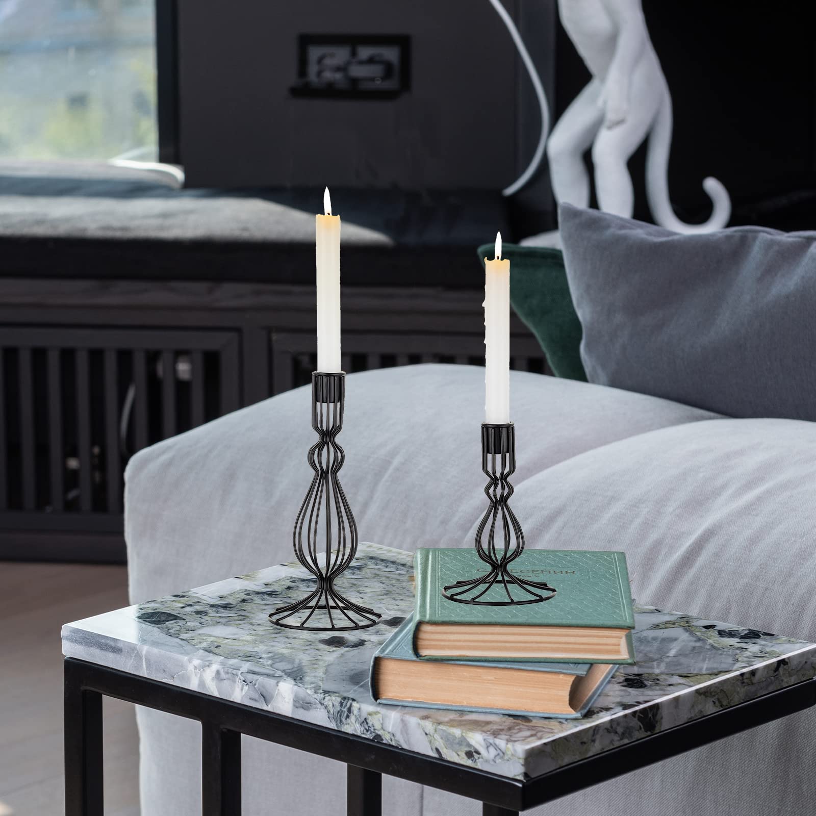 Sziqiqi Portacandele in Metallo Geometrico - Set di 2 Candelabro Moderno in Ferro Nero Candelieri Candelabri Centrotavola Decorativo per Soggiorno Festa Natale Halloween Tavolo da Pranzo