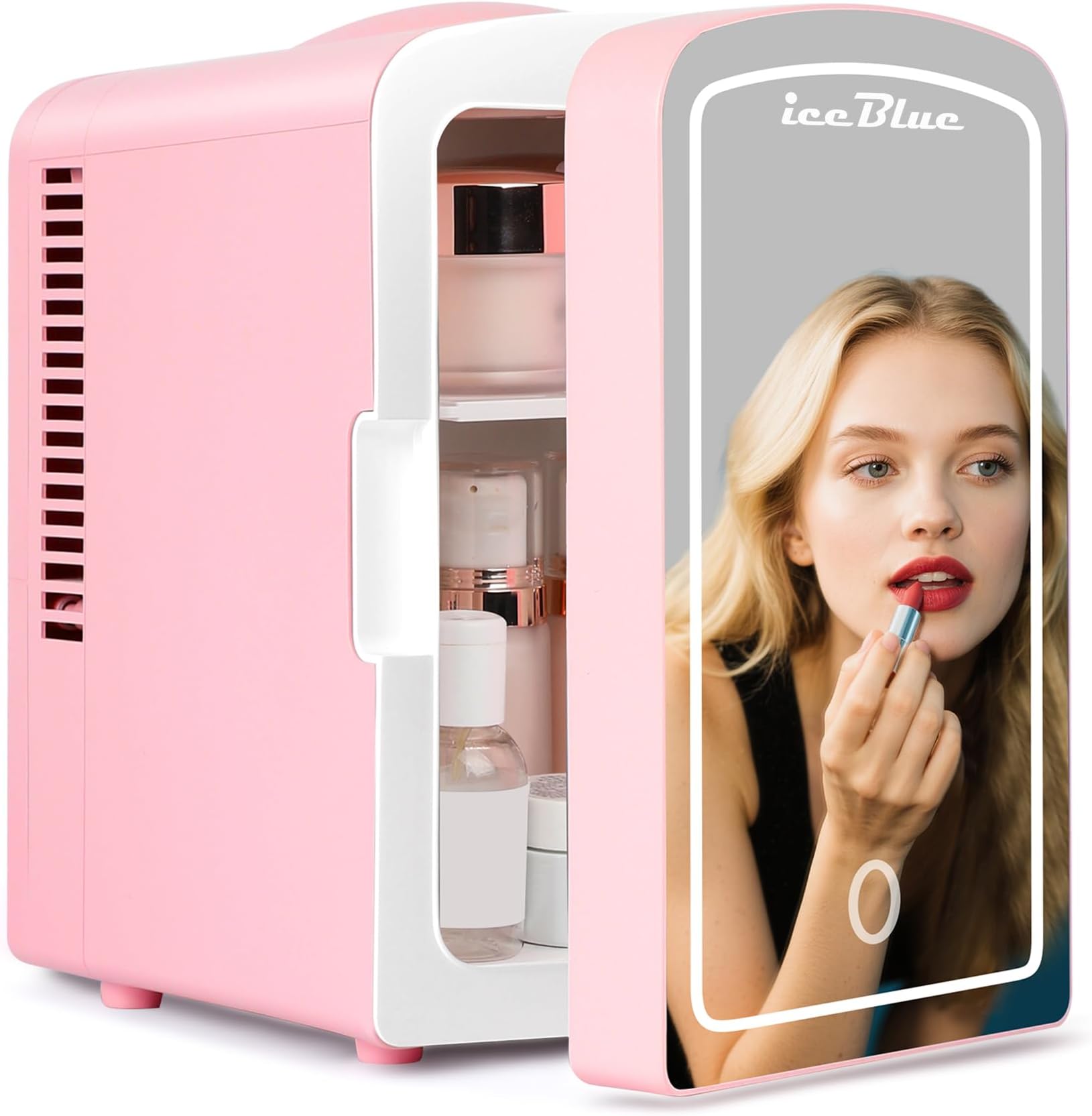 Iceblue Mini Fridge, Skincare Fridge with Dimmable LED Light Mirror, 4 Liter /6 Cans Small Refrigerator for Beauty & Beverages,Mini Fridge for Bedroom, Car, Office & Dorm, Gift (Pink)