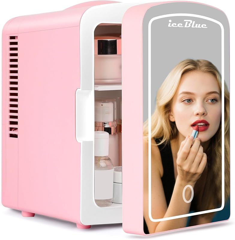 Mini Fridge, 4 Liter /6 Cans Makeup Fridge with Dimmable LED Mirror (Pink) | Compact Mini Skincare Fridge for Beauty & Beverages, Dual-use Portable Tiny Fridge for Bedroom, Desk, Office, Home, Car, Gift