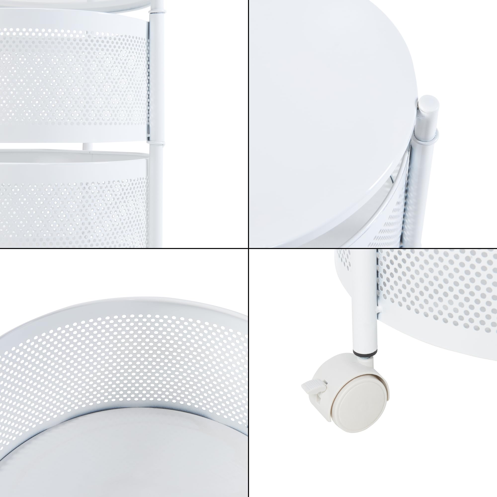 [en.casa] Carro de Servicio con 5 Cestas Redondas Carrito de Cocina Baño con 4 Ruedas Carrito de Verduras con Paredes Perforadas y 4 Cestas Superiores Giratorias Acero 90xØ33cm - Blanco