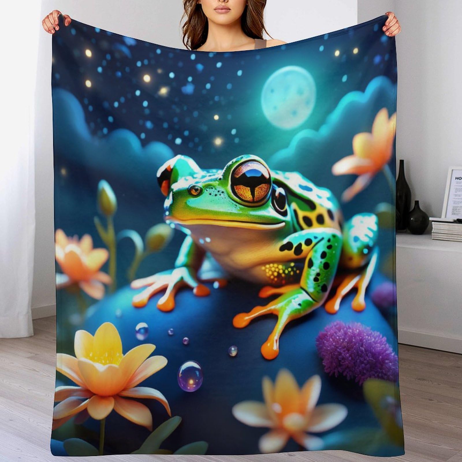 Couverture plaid polaire grenouille grands yeux en flanelle douce pour canapé et lit 100x130cm