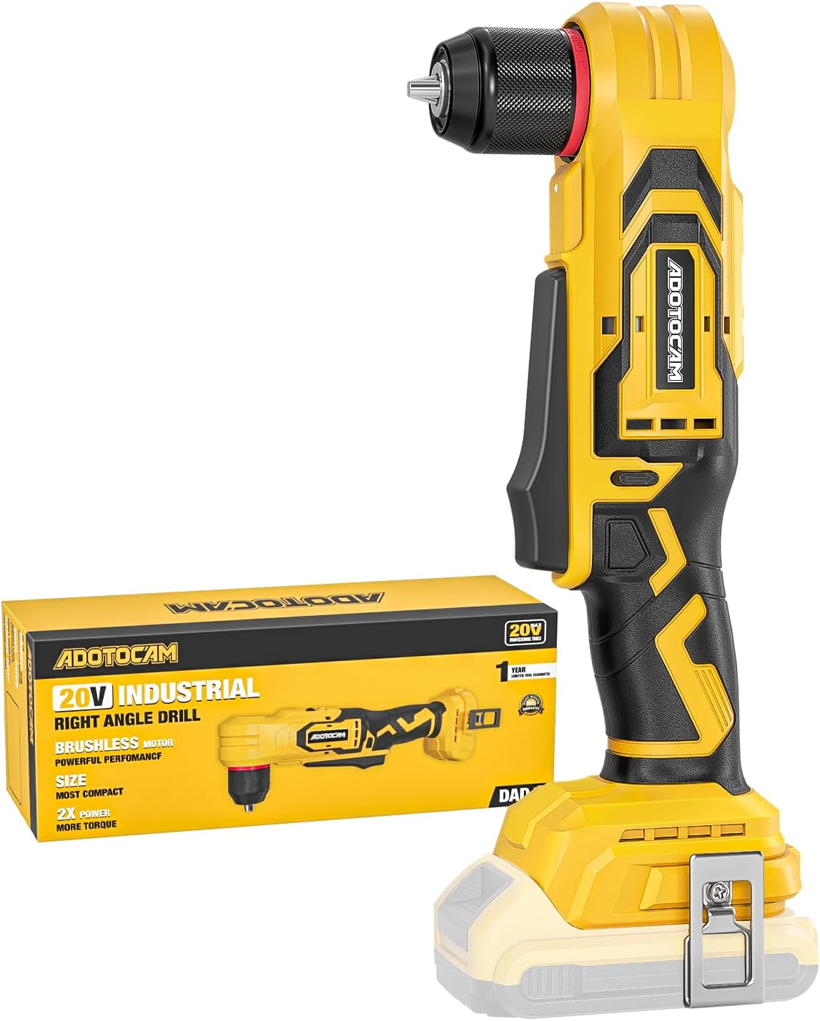 Brushless Right Angle Drill for DeWalt 20V Battery (Tool Only), 3/8" Cordless Angle Drill with Compact Design & Variable Speed, featuring an LED Light for Screws/Drilling