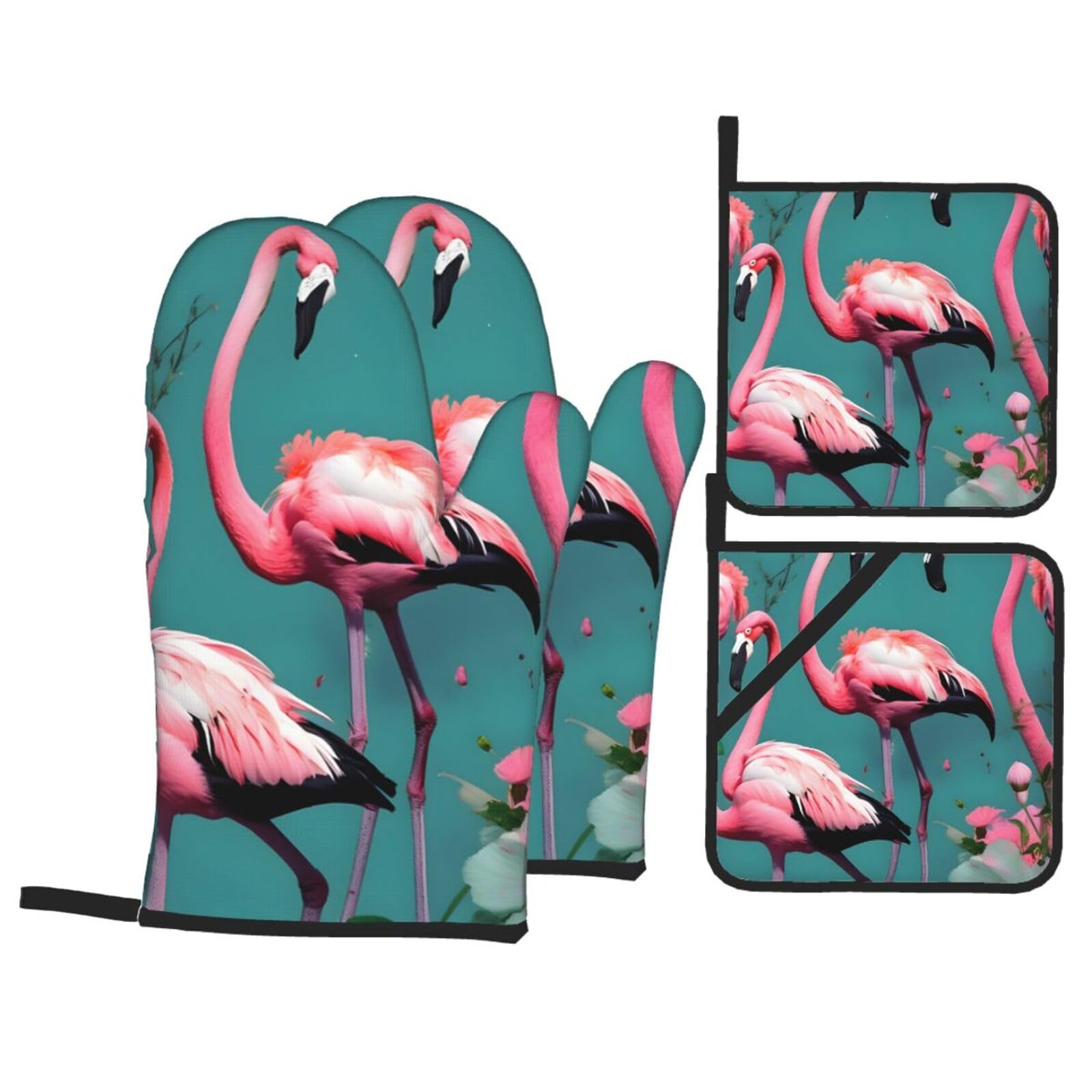 Flamingo Flowers Print 4-Piece Oven Microwaving Set Kitchen Gloves for Holiday Cooking Baking Grilling
