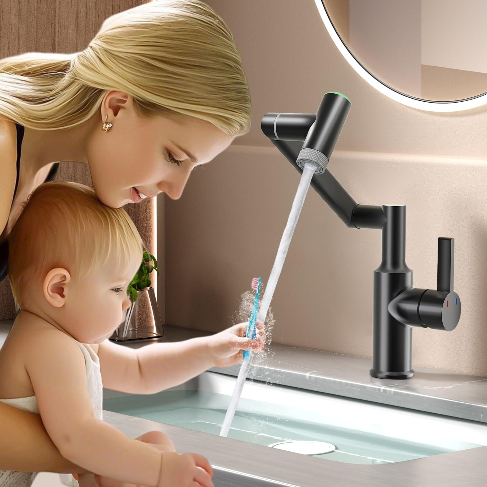 Einloch Waschtischarmatur mit Temperaturanzeige (Schwarz) | Einhand Armatur Badezimmer, 1080° schwenkbare Badarmatur Waschbecken mit 2 Auslaufmodi hochwertige Waschbeckenarmatur