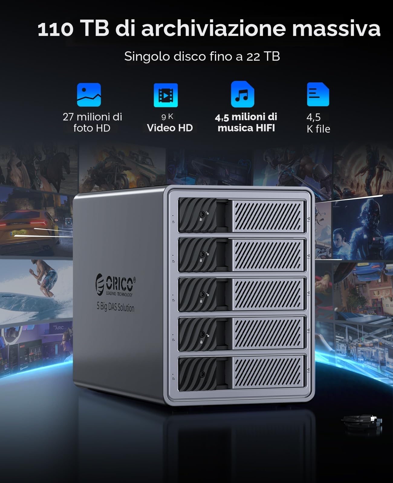 ORICO Docking Station per Disco Rigido Alluminio da 3,5 Pollici SATA a USB 3.0, 5 bay SSD/HDD, con Alimentatore e Ventola, Compatibile con MacOS e Windows (9858U3)