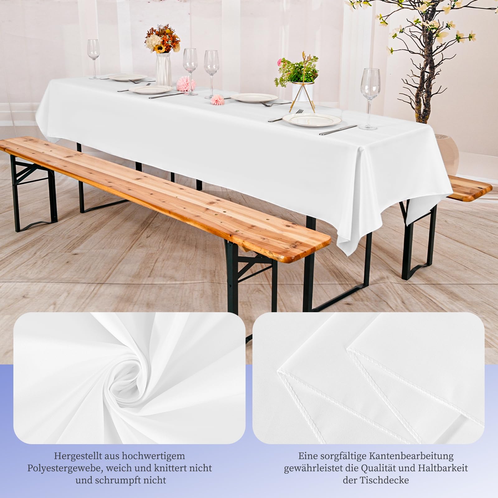 12 manteles de cerveza blanca, 260 x 110 cm, mantel de poliéster, juego de tienda de cerveza, manteles rectangulares lavables para fiestas de jardín, fiestas de cumpleaños o barbacoas (blanco)