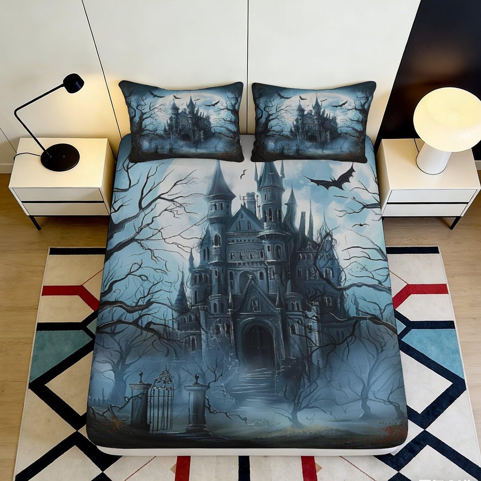 3D Printed Haunted Castle Fitted Sheet Microfiber Gothic Night Bed Cover Bedroom Decor Mattress Protection 90x200x25cm