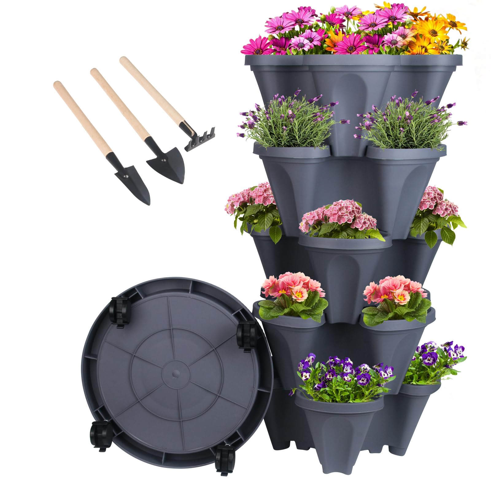 GameXcel Vertical Planter 5 Tier Stackable Planters Garden Planters Strawberry Herb Flower and Vegetable Planter Indoor Outdoor Gardening Pots with Removable Wheels and Tools