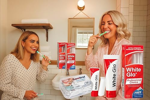 White Glo Pasta dental blanqueadora extra fuerte, elección profesional, 3.4 fl oz, 2 paquetes con Sanitral, 50 unidades de hilo dental incluido como