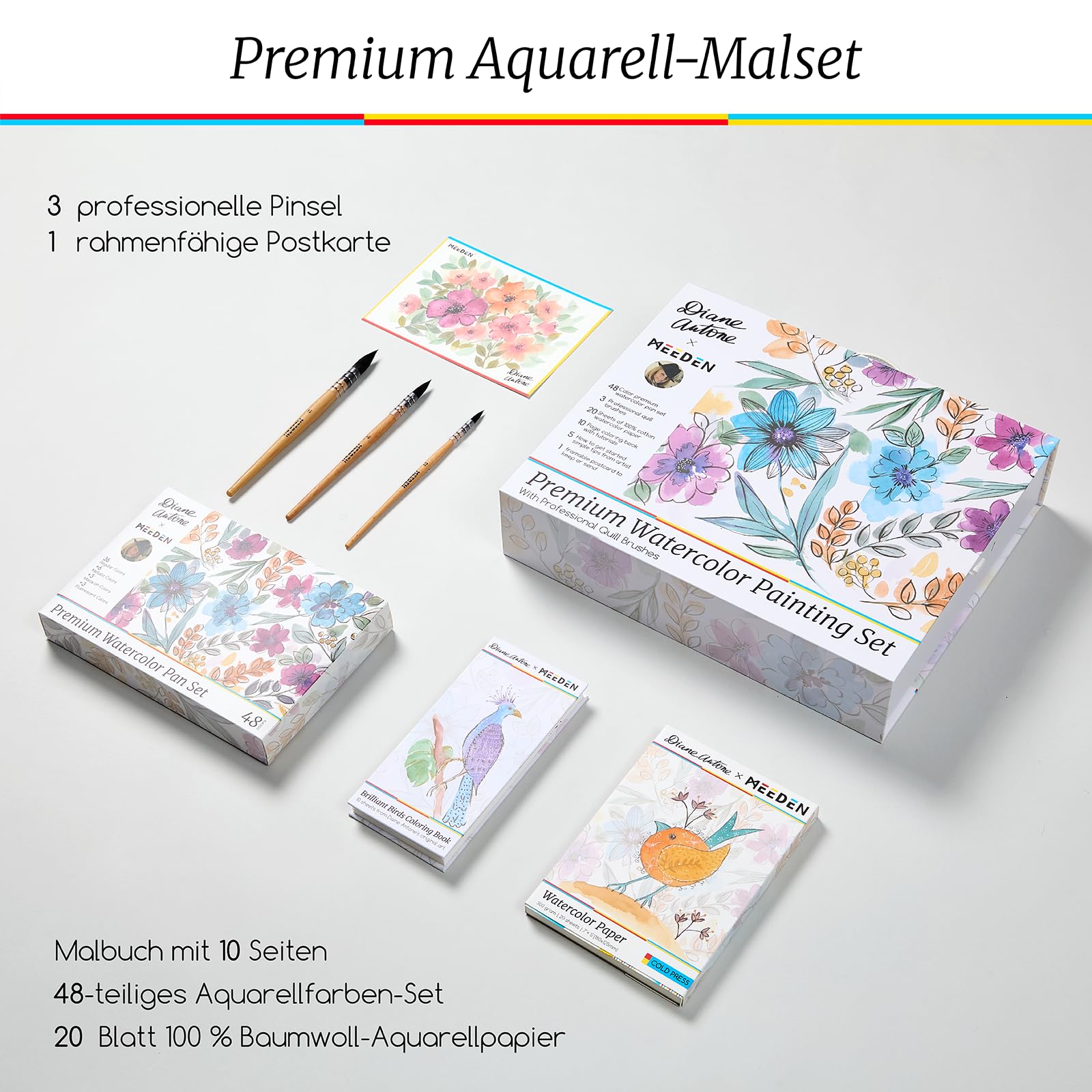 MEEDEN x Diane Antone Aquarellfarben-Set, limitierte Auflage, 48 Farben, tragbares Aquarell-Set mit 3 Aquarellpinseln, Ausmalseiten, Aquarellpapier und Postkarten, Kunstbedarf für Erwachsene, ideales