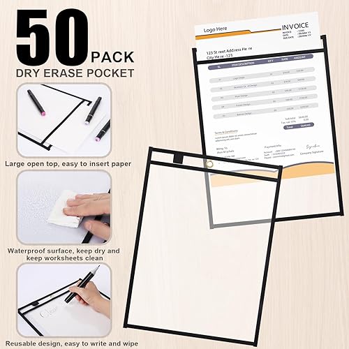 Miniatura 3 de Paquete de 50 soportes para boletos de trabajo, 10 x 13.7 pulgadas, fundas transparentes de bolsillo, bolsillos de borrado en seco, fundas