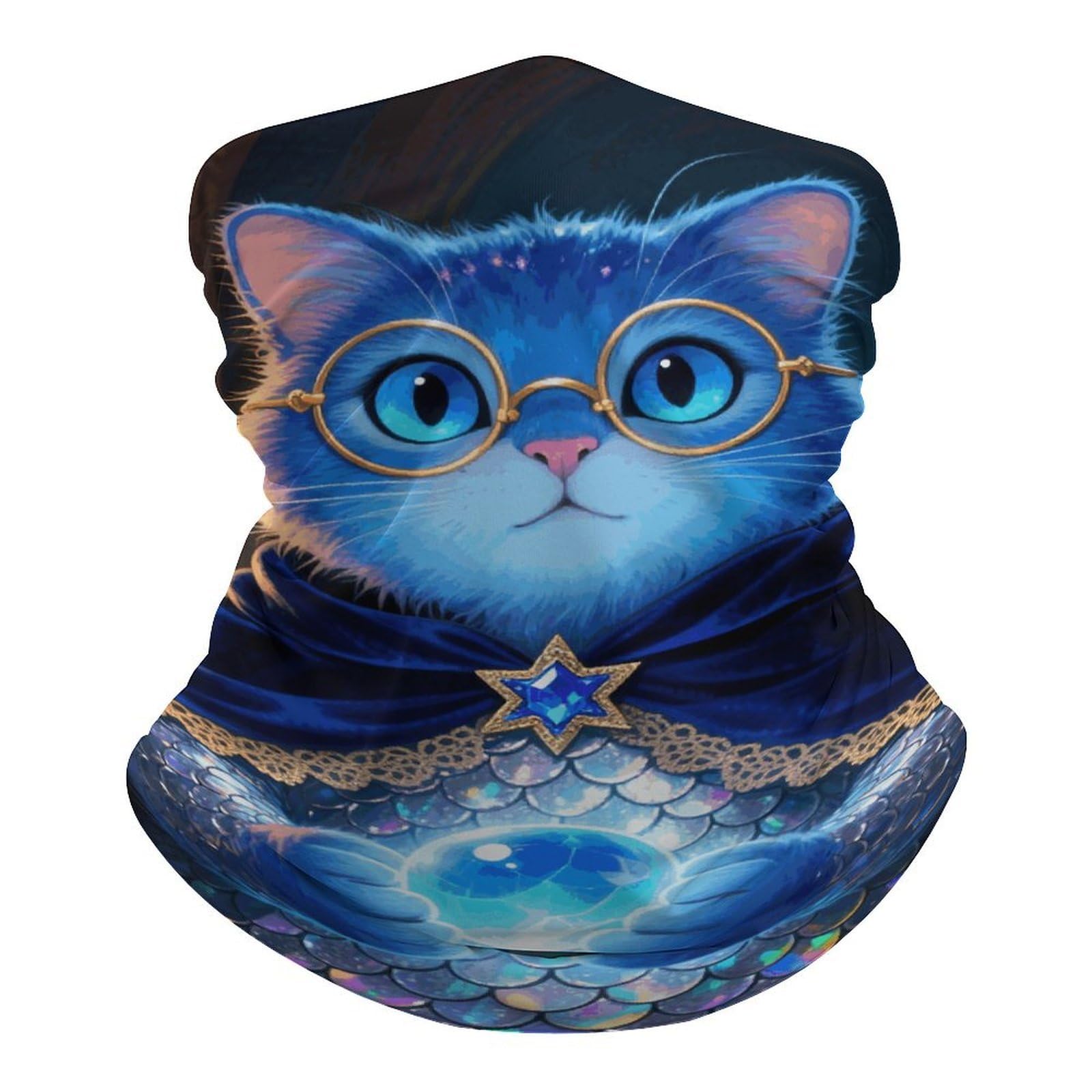 Fodpand Unisex White Blue Glitter Cat Neck Gaiter Breathable & Moisture-Wicking Face Mask Bandana Balaclava Sun Protection Face Cover Scarf Lightweight Seamless Design For Outdoor Sports Hiking Fishing Cycling