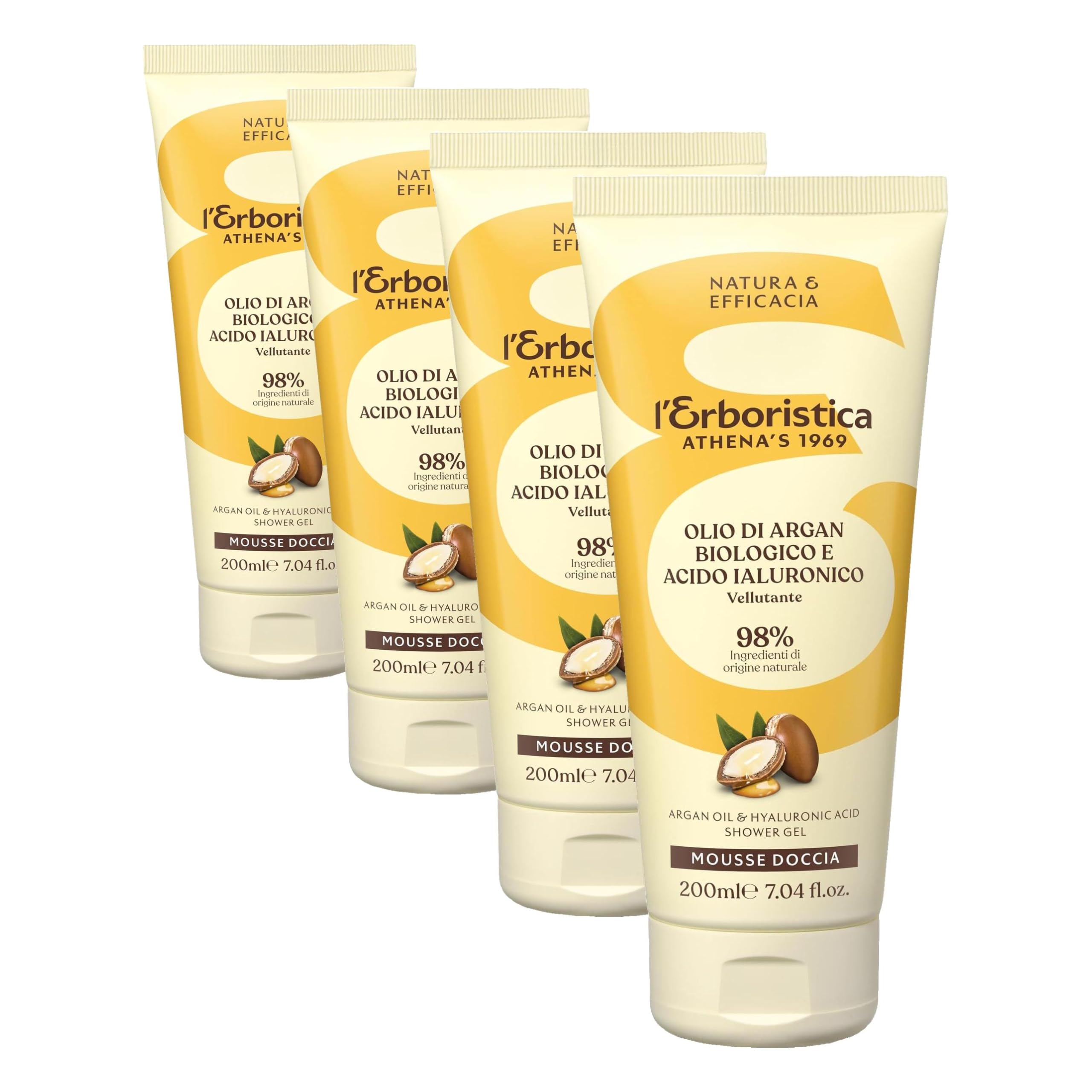 L'Erboristica Athena's - Mousse Doccia all'Olio di Argan Biologico e Acido Ialuronico - Vellutante - 200 ml (Confezione da 4)