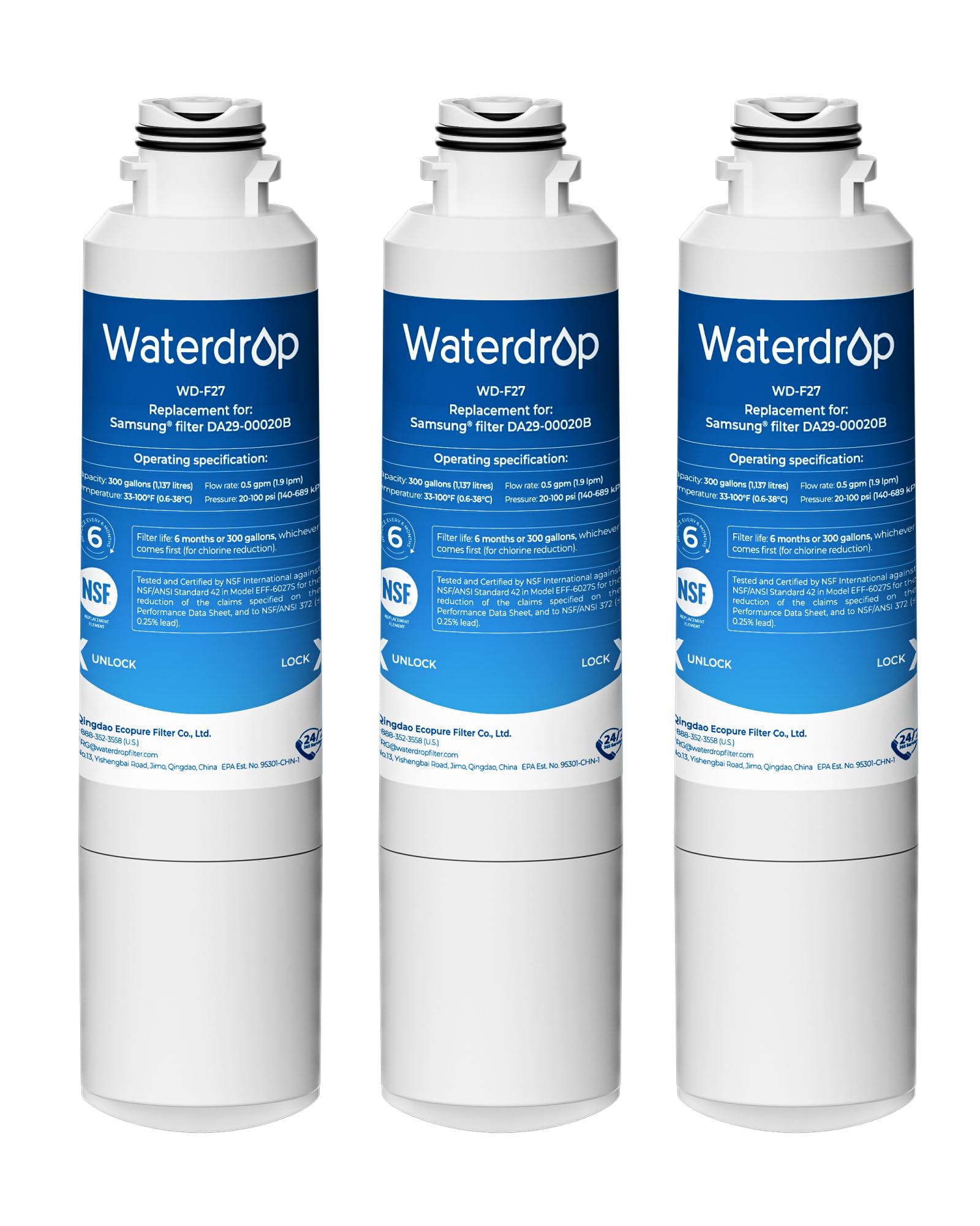 DA29-00020B Replacement for Samsung® Water Filter HAF-CIN/EXP, DA29-00020B, HAF-CIN, DA29-00020B-1, RF28HMEDBSR, RF263BEAESR, RS25J500DSR, RF263TEAESG, HDX FMS-2, DA97-08006A-1, 3 Filters