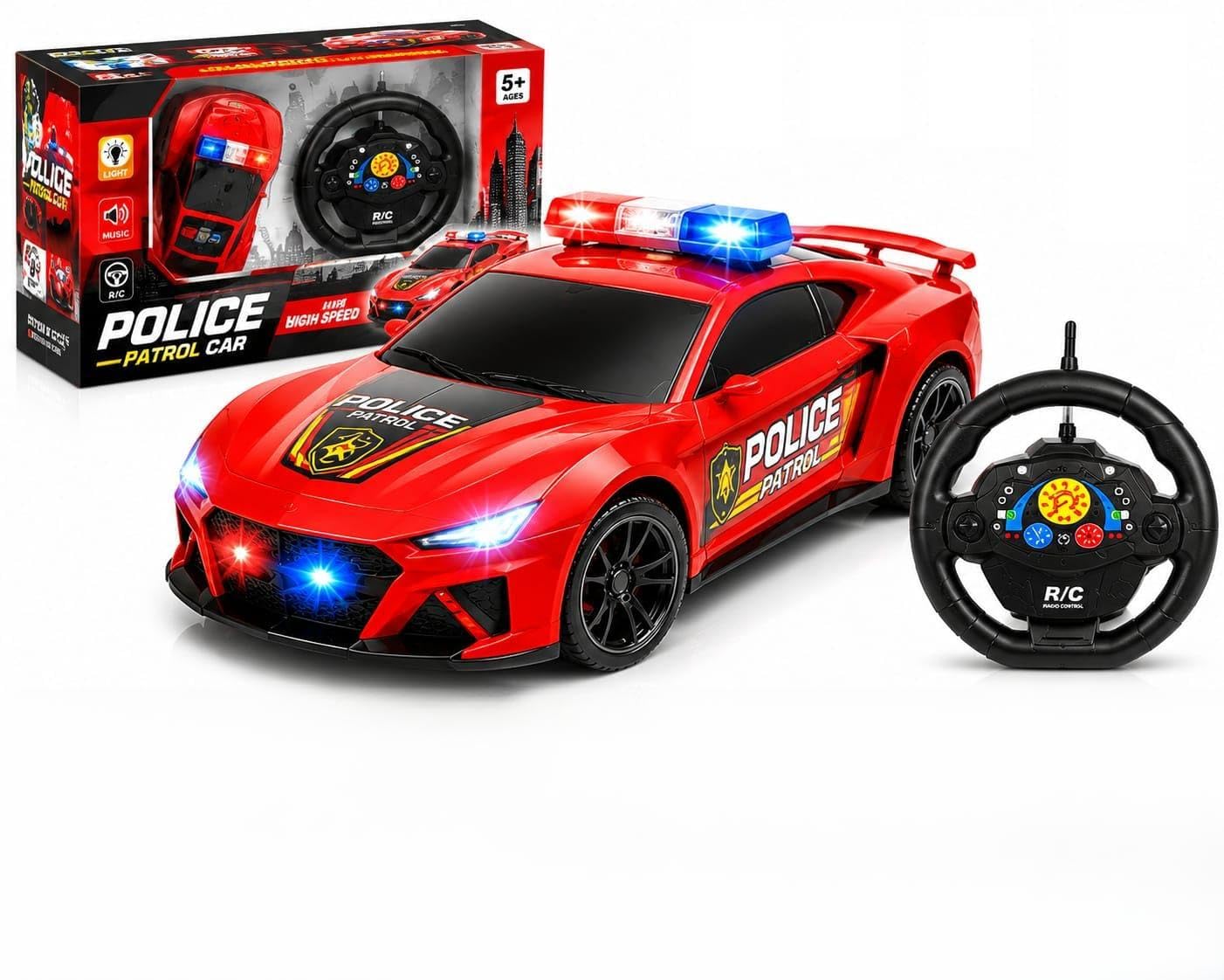 RC Police Patrol Car Toy with Flash Lights and Music, Steering Wheel Remote, High Speed, for Kids Ages 5 and Above-image-47