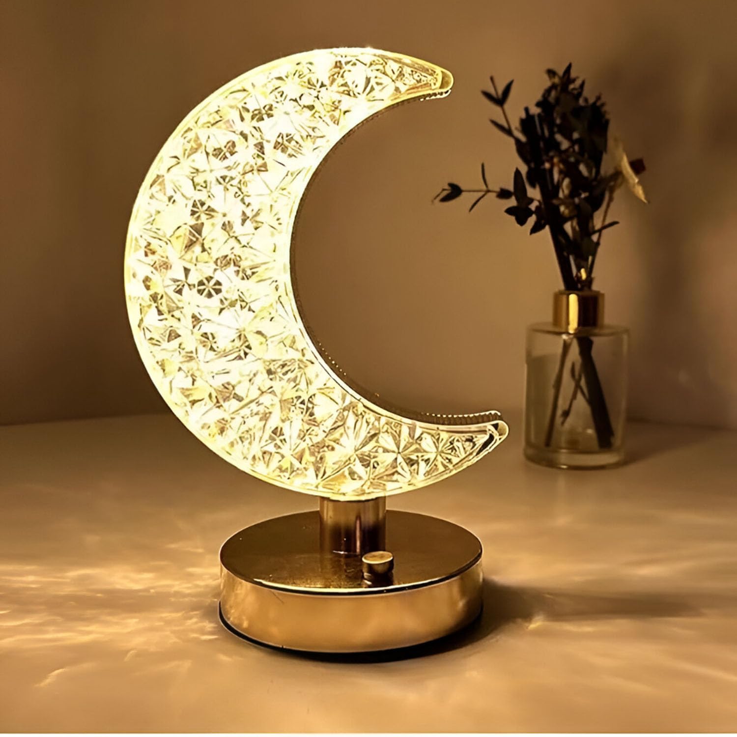 Crystal Half Moon LED Table Lamp with 3 Colour Changing Modes (Warm White/Natural/Cool), Adjustable Brightness, Rechargeable Night Light for Kids Room, Bedroom & Living Room, Office & Gifting