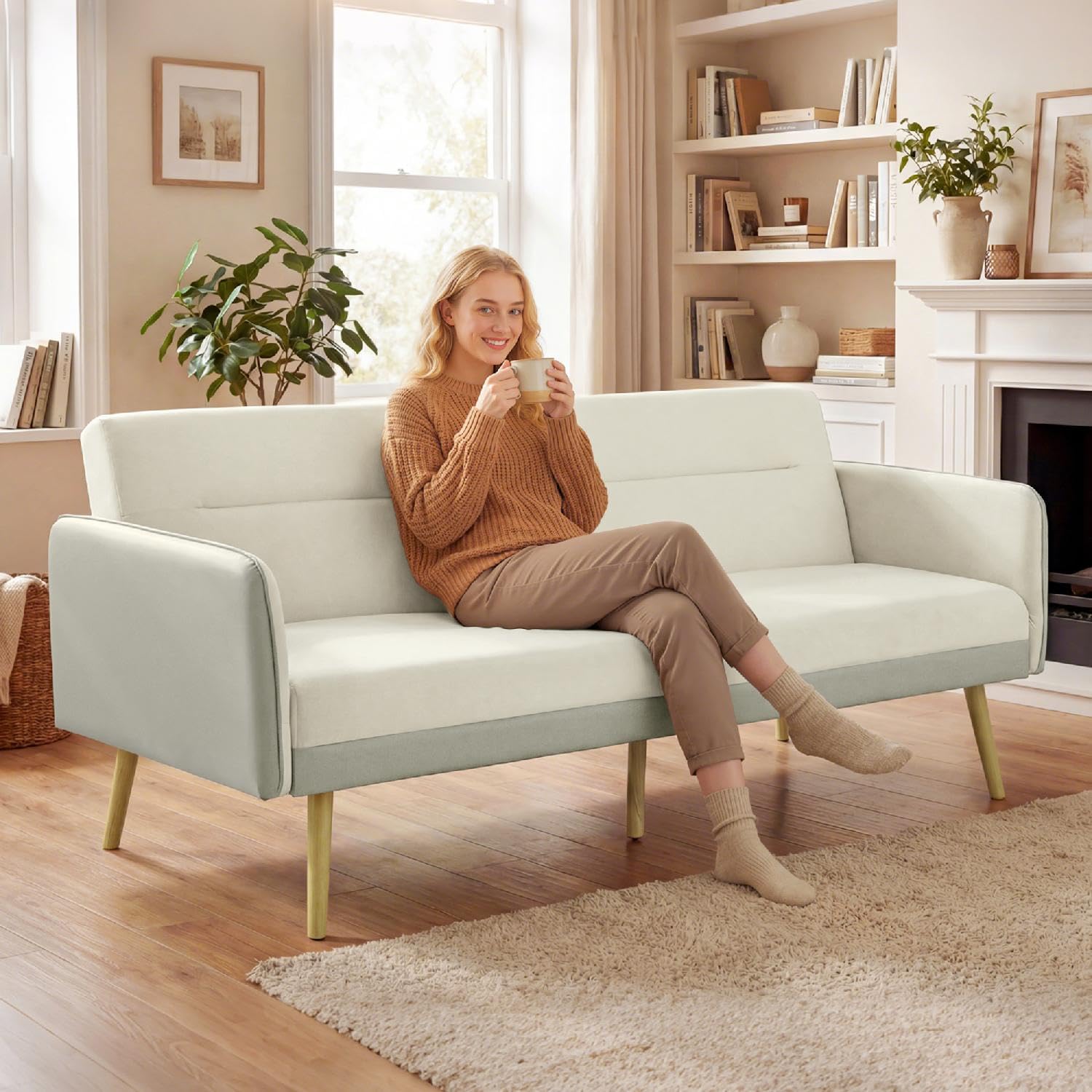 Divano Letto 3 Posti Clic Clac Stile Scandinavo in Tessuto Effetto Velluto 185x84x83 cm Colore Beige