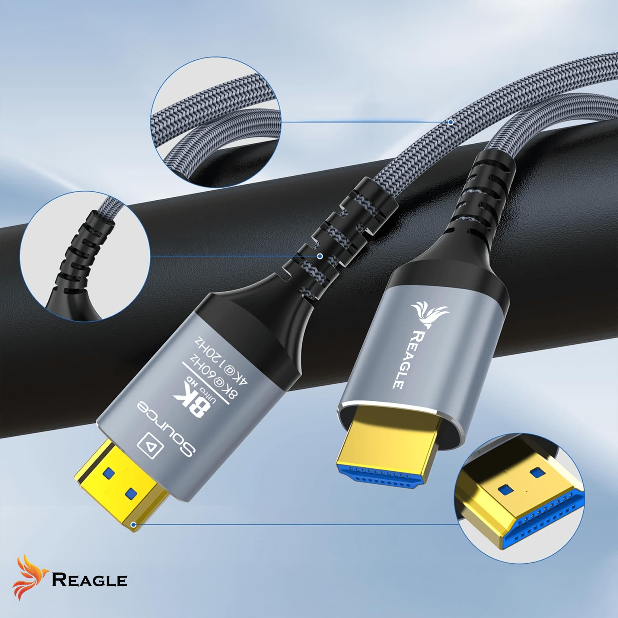 Reagle Cavo HDMI 2.1 Ottico AOC 10 m, Cavo in Fibra Ottica 48 Gbps, 8K@60Hz, 4K@144Hz/120Hz, Dynamic HDR, eARC, VRR, Compatibile con PS5, Xbox Series X/S, TV, Proiettore e PC, Unidirezionale