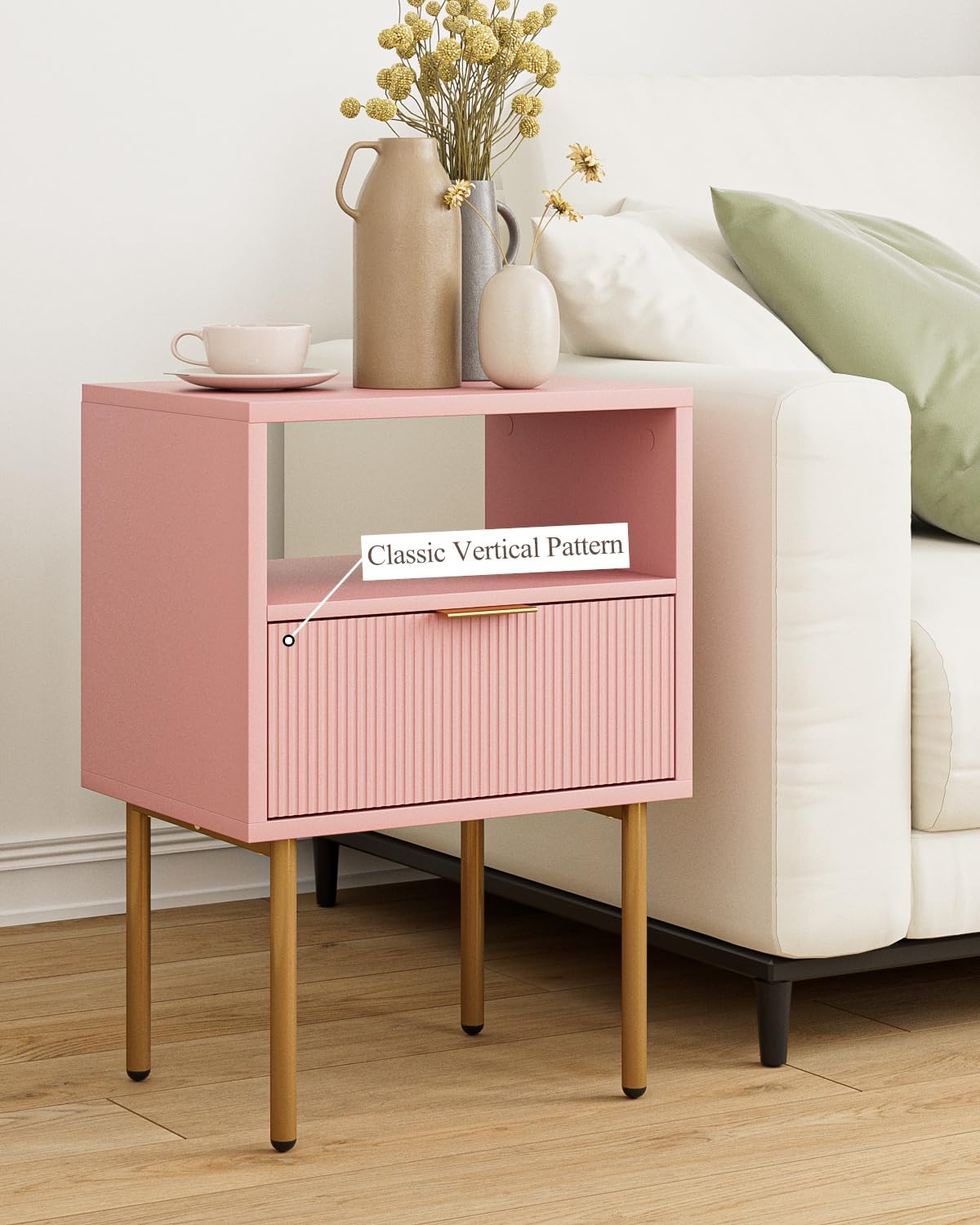 HEYZOEY Comodino, comodino con 1 ripiani aperti e 1 cassetto, comodino moderno, per camera da letto, soggiorno, rosa