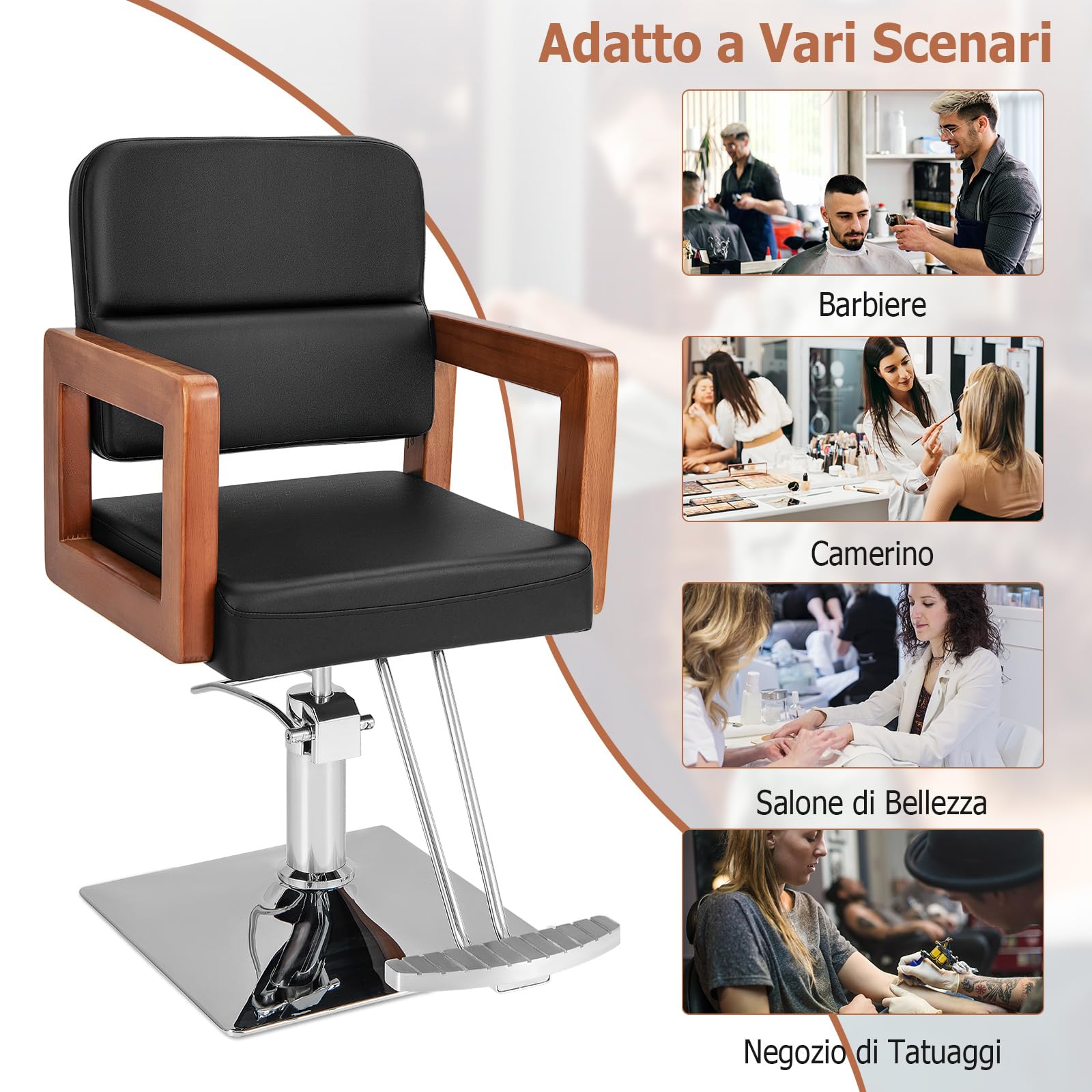 COSTWAY Poltrona da Barbiere, Sedia da Barbiere Girevole a 360°, Regolabile in Altezza 50-65 cm, con Braccioli in Legno Massello, Portata 250 kg