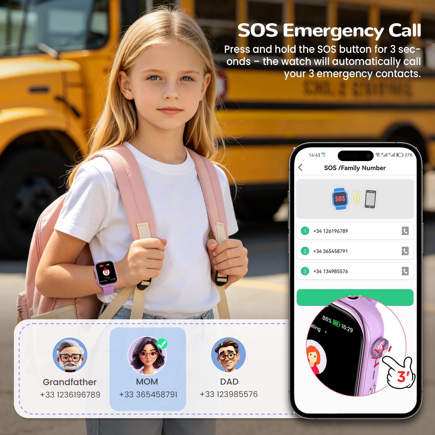 Smartwatch Kinder mit GPS und Telefon, Kinderuhr mit SIM, Videoanrufe, IP68, Lila